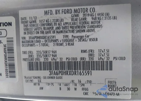 2013 Ford Fusion Se из США, поврежденный, VIN 3FA6P0HRXDR165591